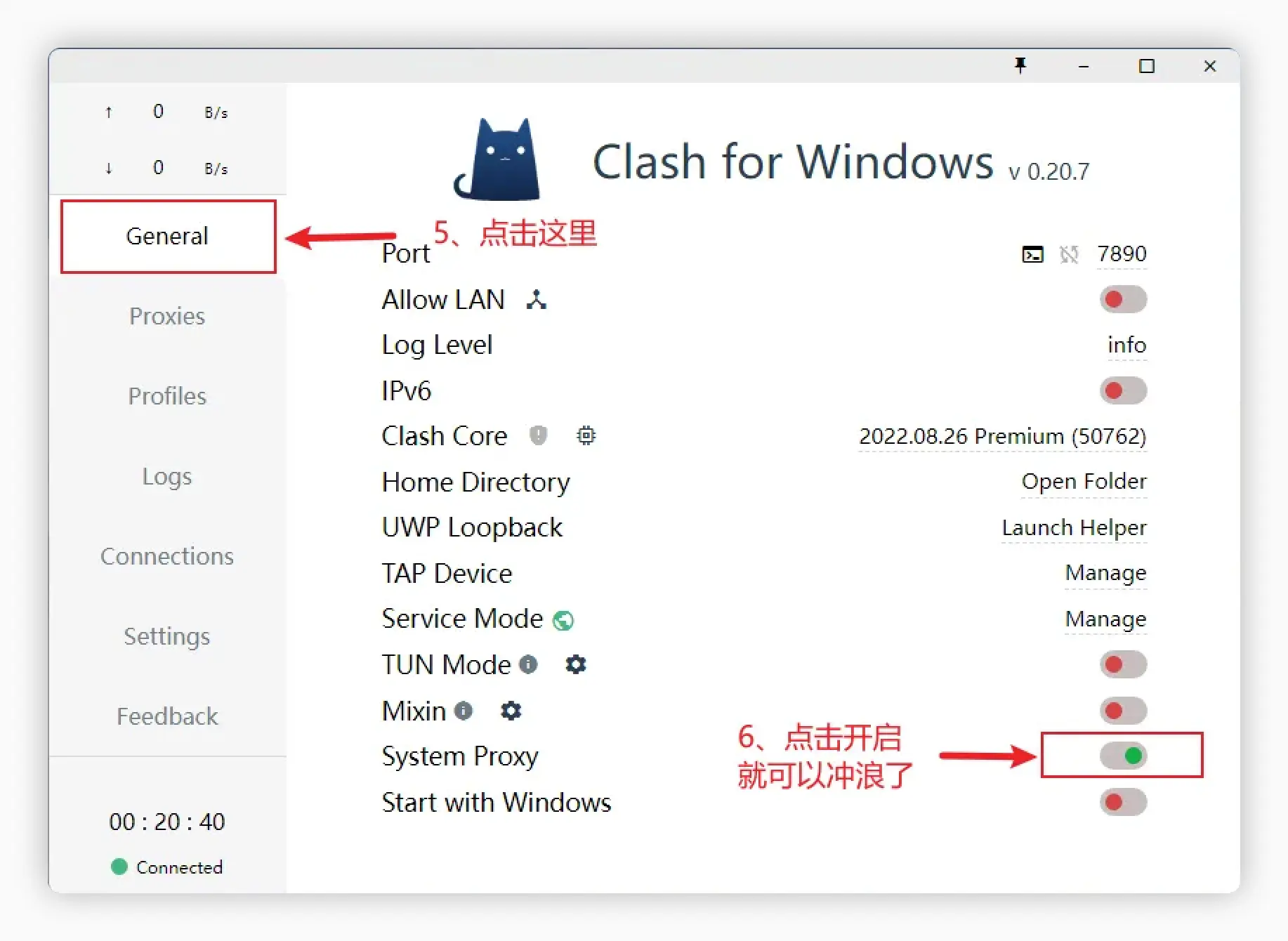 在 Clash for Windows 的 General 页面开启 System Proxy
